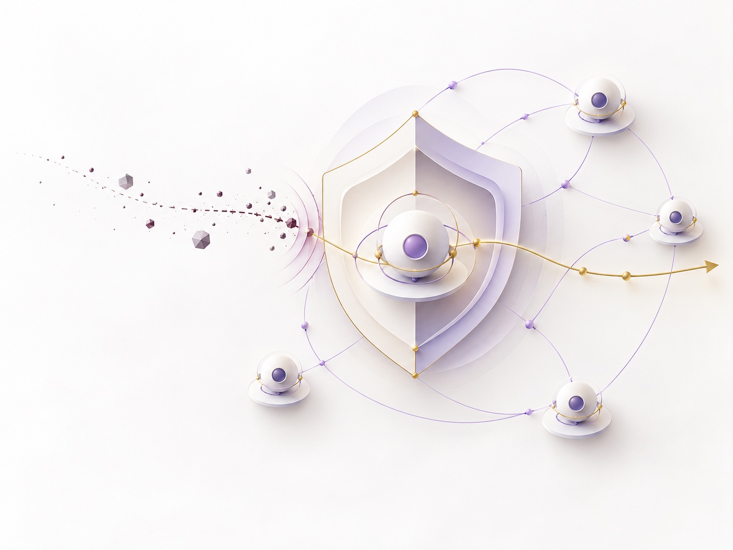 An AI agent protected by a shield as an adversarial signal is intercepted and trusted actions continue through an agent network